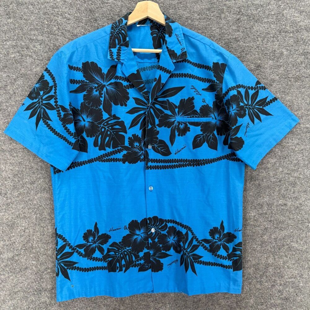 Unbranded Shirt Men 46 Blue Floral Button Up Collared Short Sleeve Regular